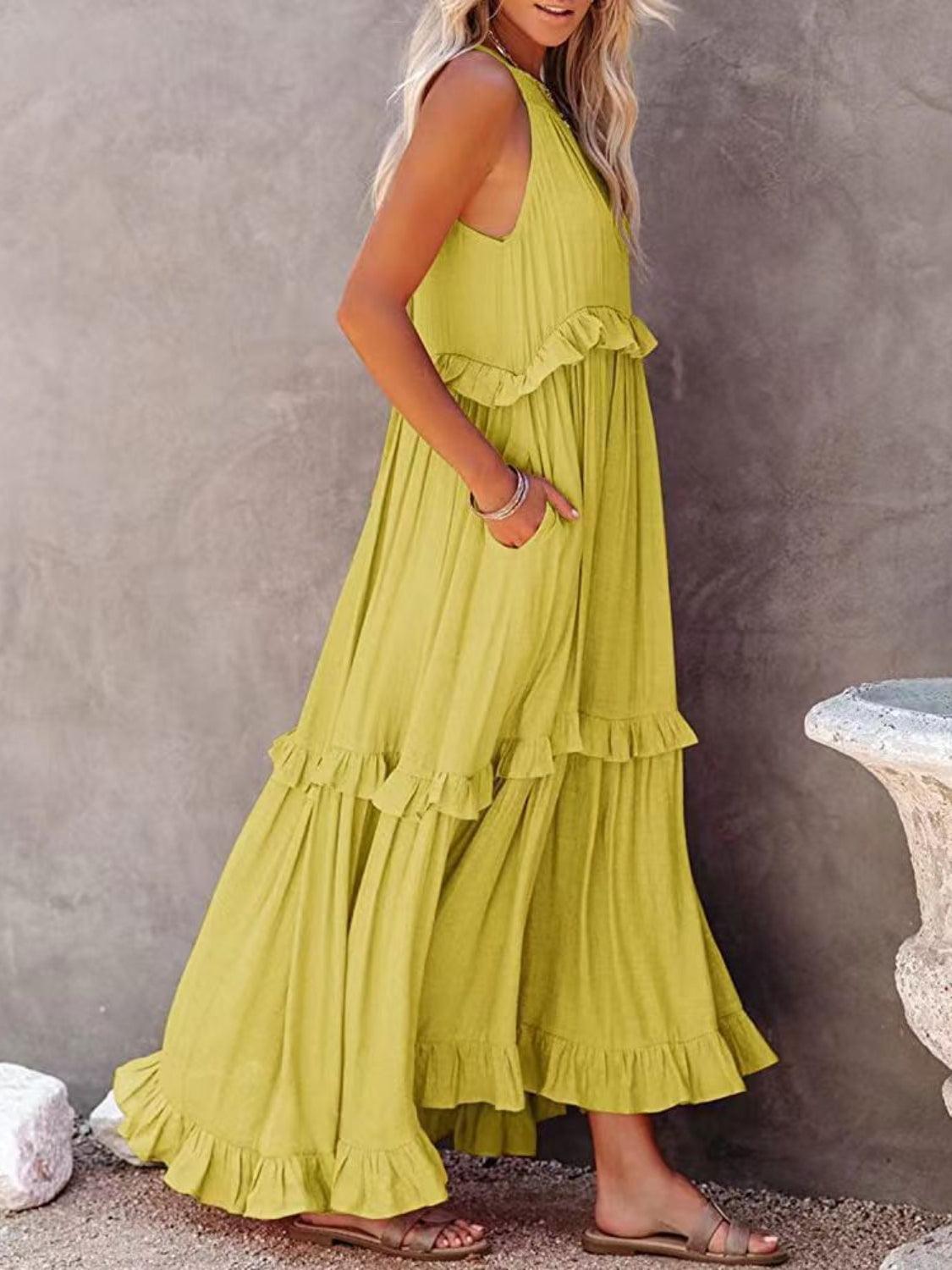 Ruffled Sleeveless Maxi Dress with Pockets - NawdeX