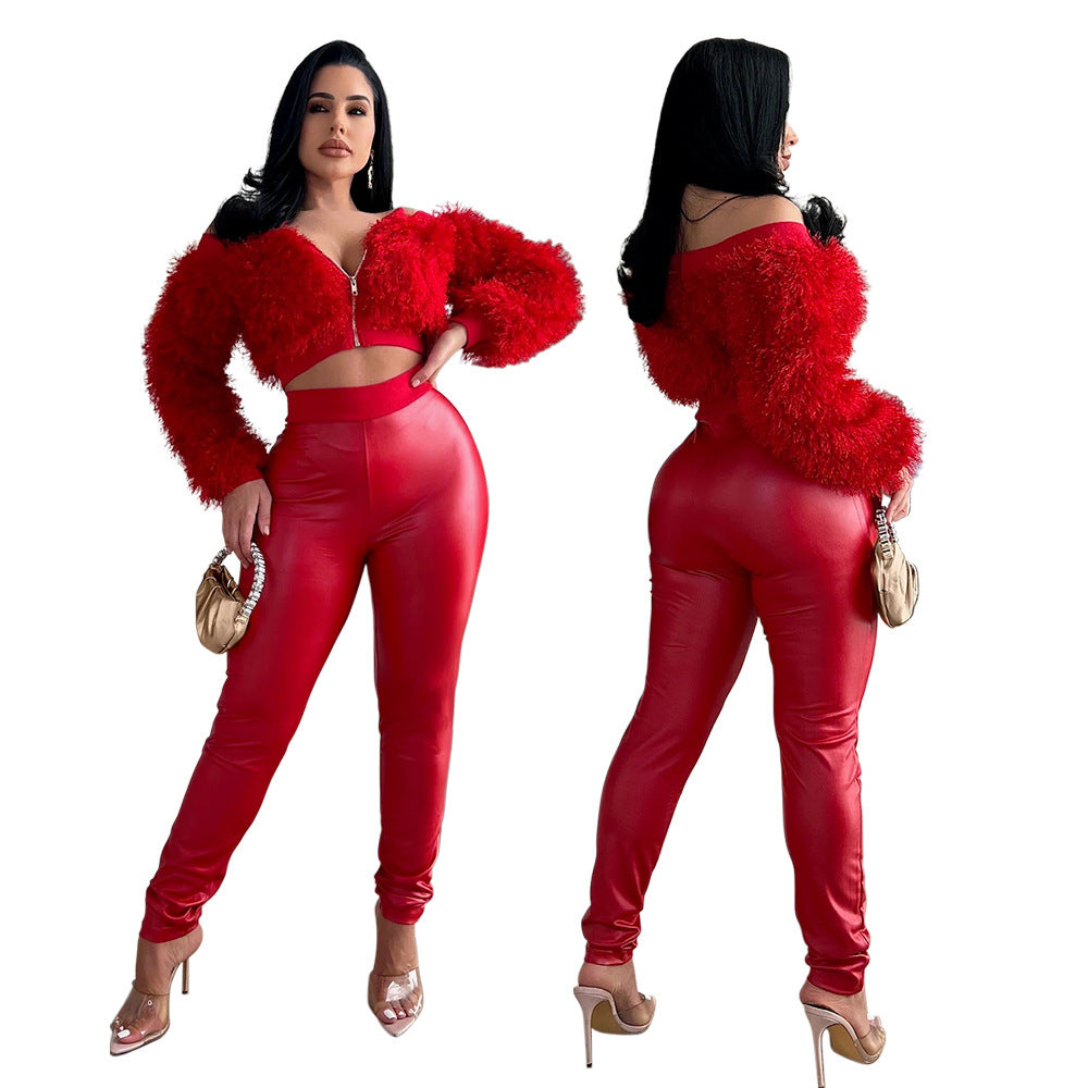 Furry Crop Top Slim Trousers Set - NawdeX
