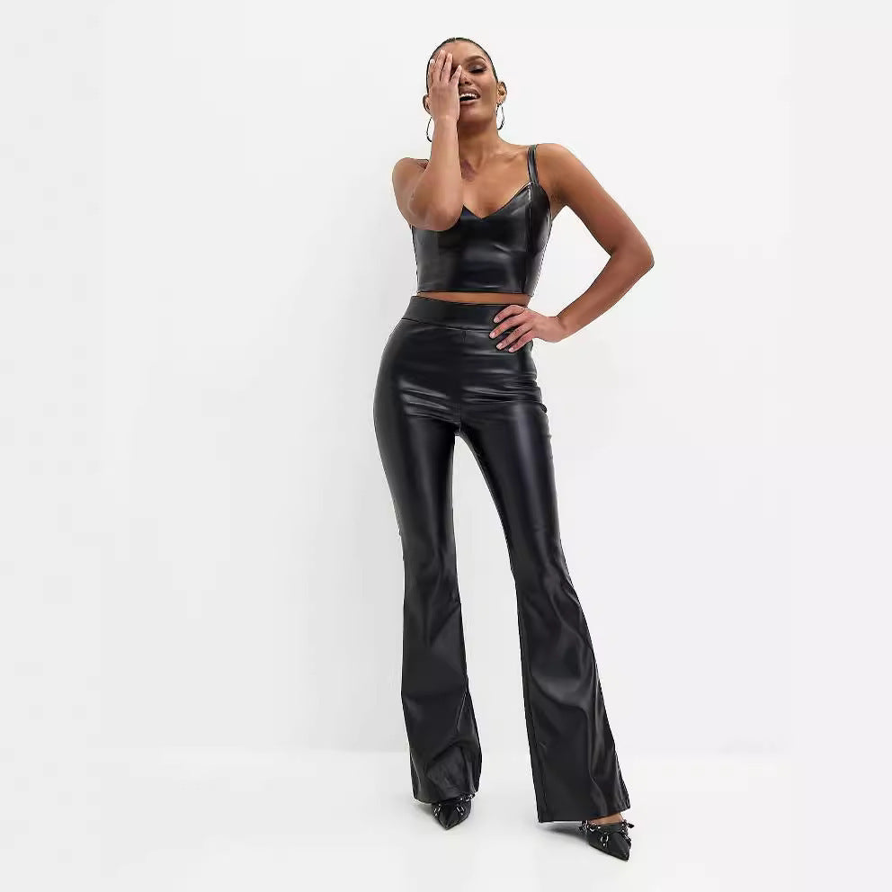 Black Glossy Flared Pants Women - NawdeX