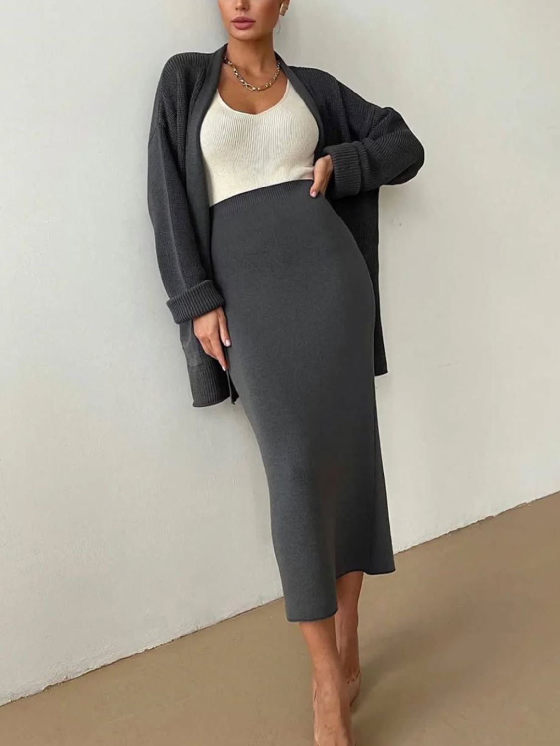 Pocketed Long Sleeve Cardigan and Skirt Sweater Set - NawdeX