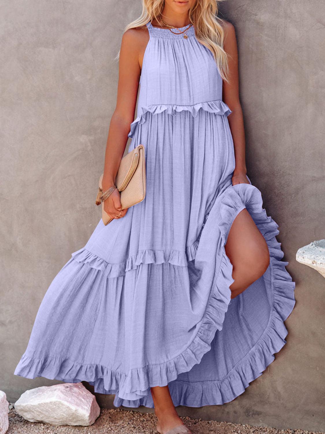 Ruffled Sleeveless Maxi Dress with Pockets - NawdeX