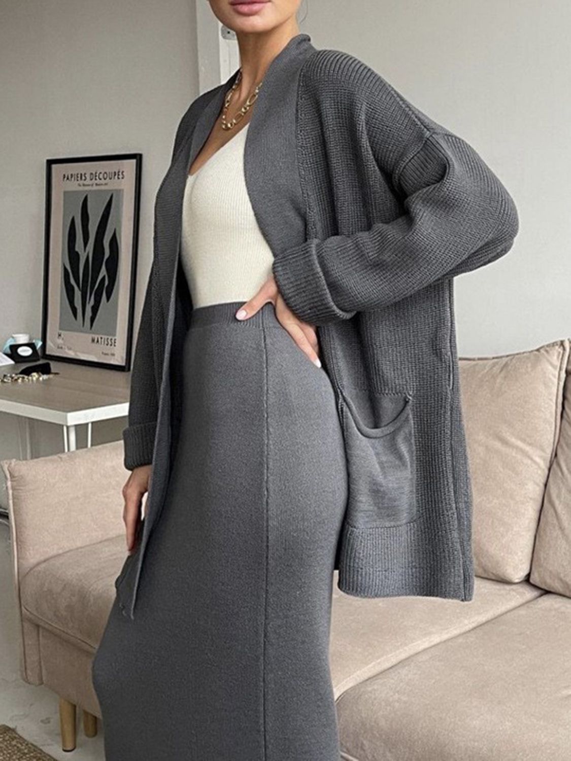 Pocketed Long Sleeve Cardigan and Skirt Sweater Set - NawdeX