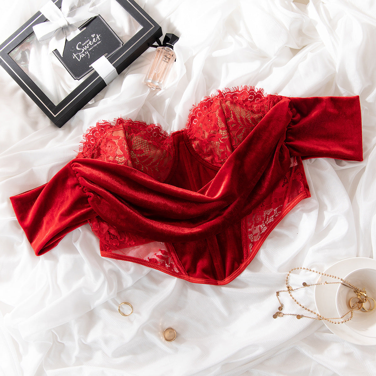 Velvet Stitching Flower Lace Slim Sexy Off-the-shoulder Top - NawdeX