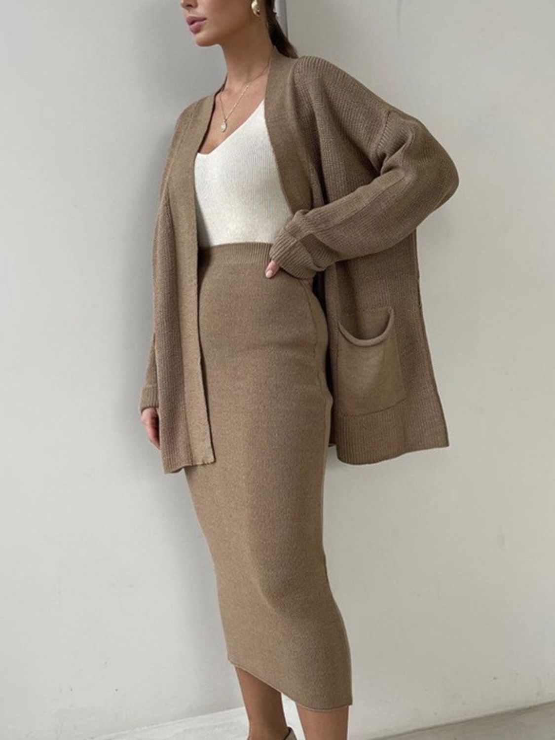 Pocketed Long Sleeve Cardigan and Skirt Sweater Set - NawdeX