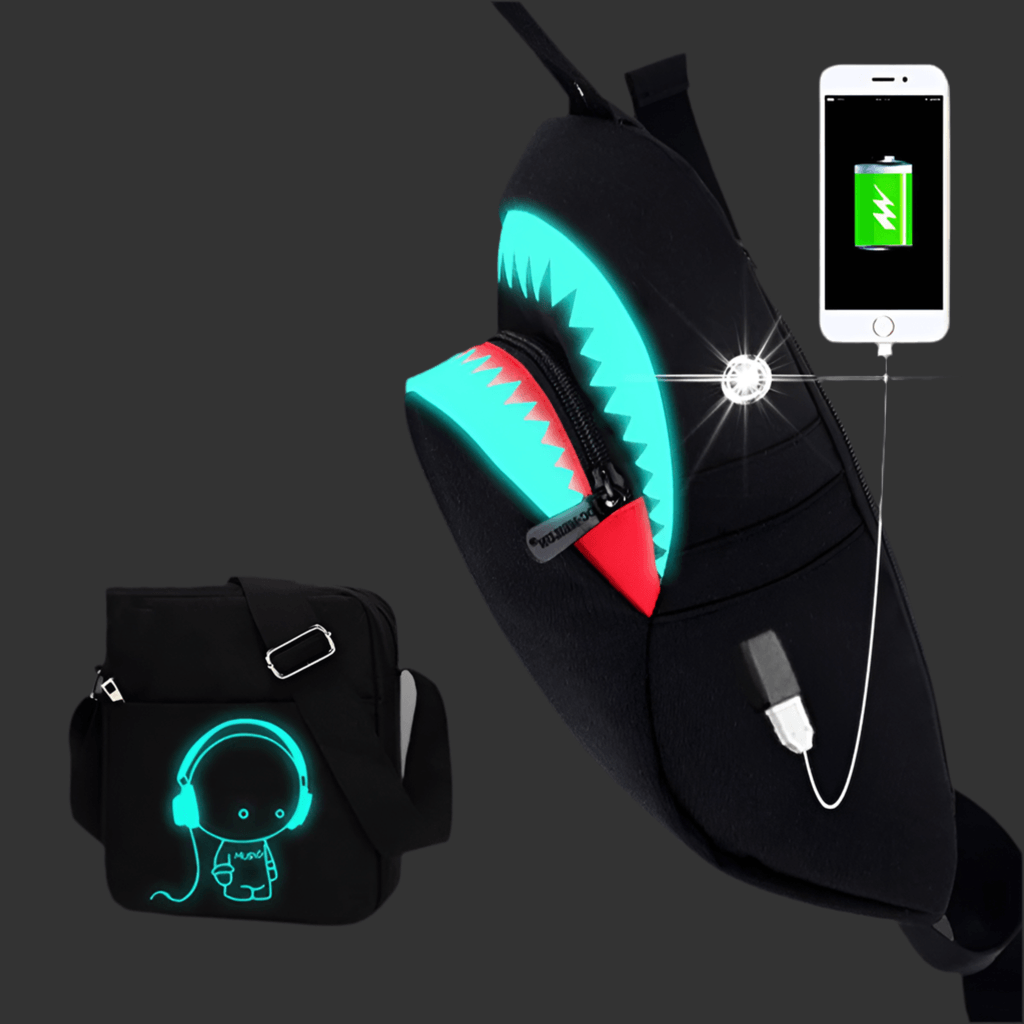 Men Anti Theft USB Rechargeable Luminous Shark Crossbody Bag - NawdeX