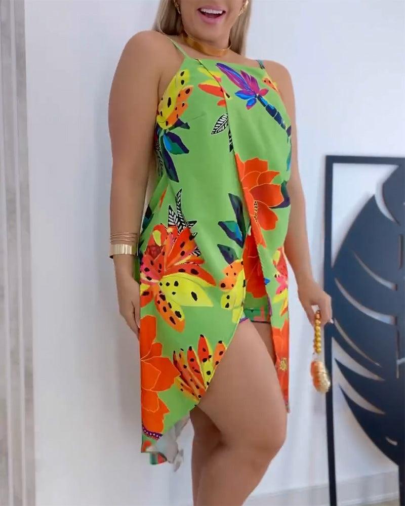 Holiday Floral Print Sexy Halter Front Slit Suspender Top Shorts Suit Non-positioning - NawdeX