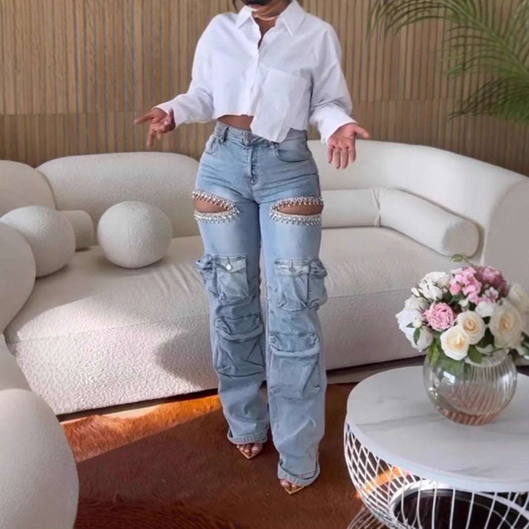 Hollow-out Diamond Stretch Jeans - NawdeX