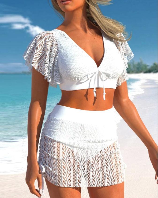 Solid Color High Waist Swimming Trunks Skirt Suit Bikini Women's Split Swimsuit - NawdeX