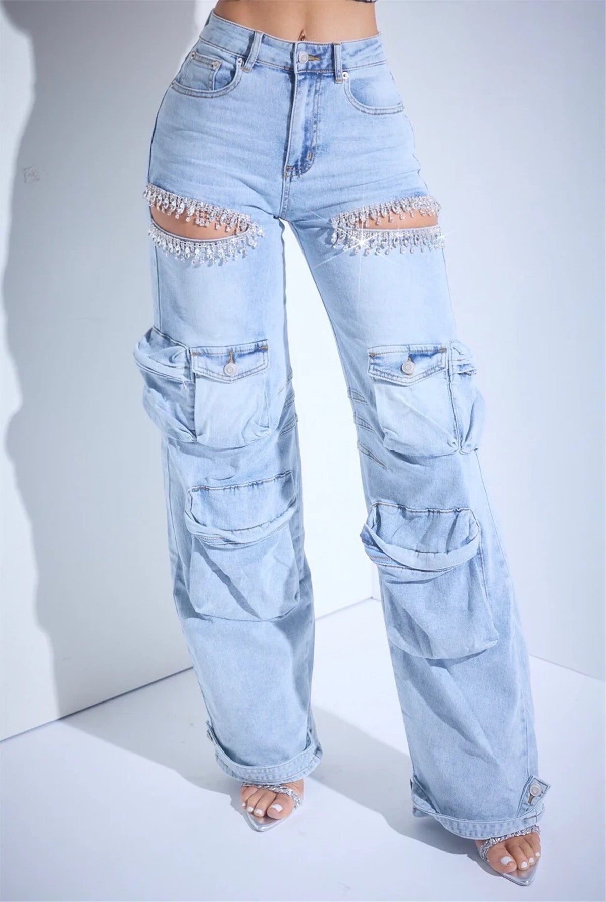Hollow-out Diamond Stretch Jeans - NawdeX