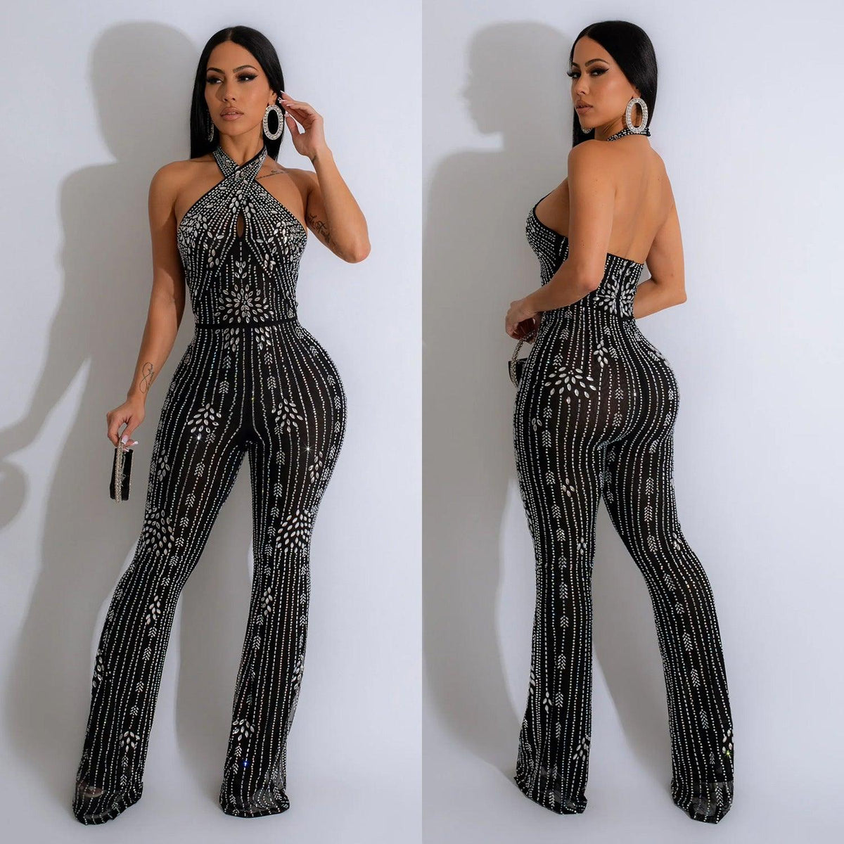Wear Solid Color Rhinestone Sleeveless Halter Trousers Jumpsuit - NawdeX