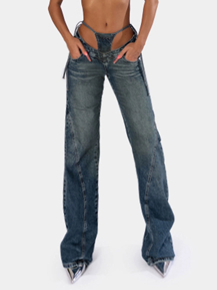 Distressed Tied Slim Fit  Cutout Denim - NawdeX