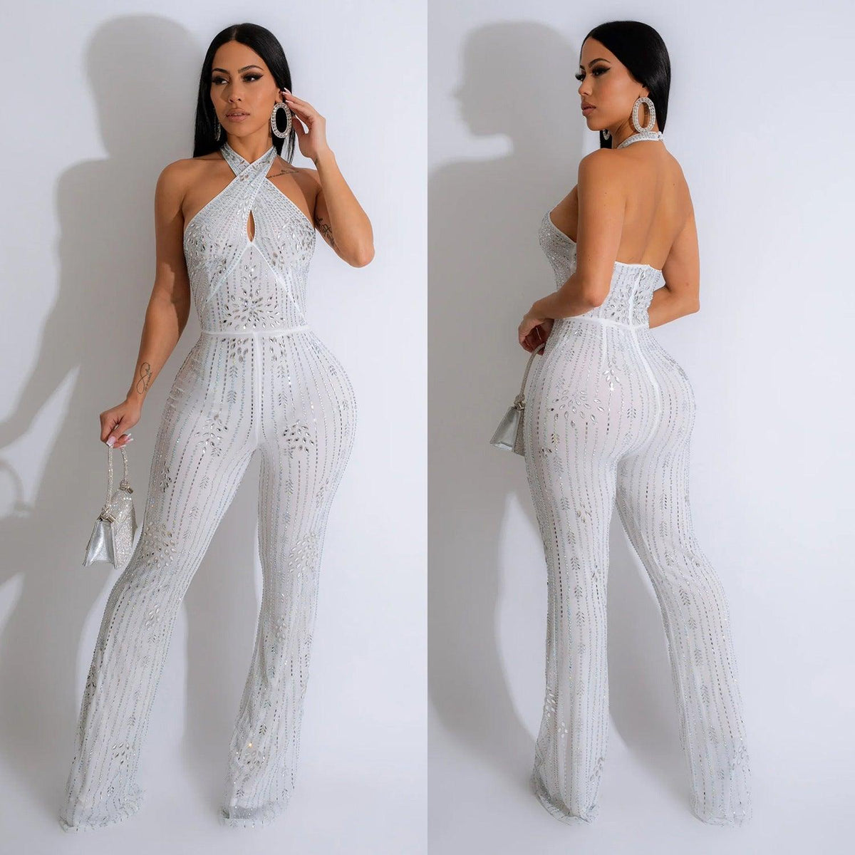 Wear Solid Color Rhinestone Sleeveless Halter Trousers Jumpsuit - NawdeX