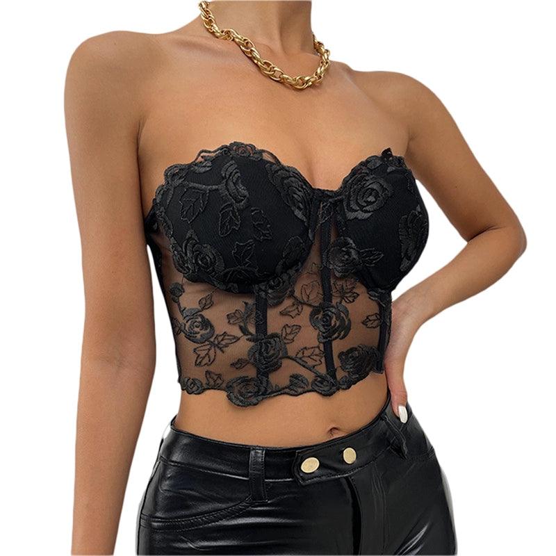 Sexy Mesh Slim Fit off Shoulder Wrap Chest Mesh Slim Fit off-Shoulder Tube Top Women - NawdeX