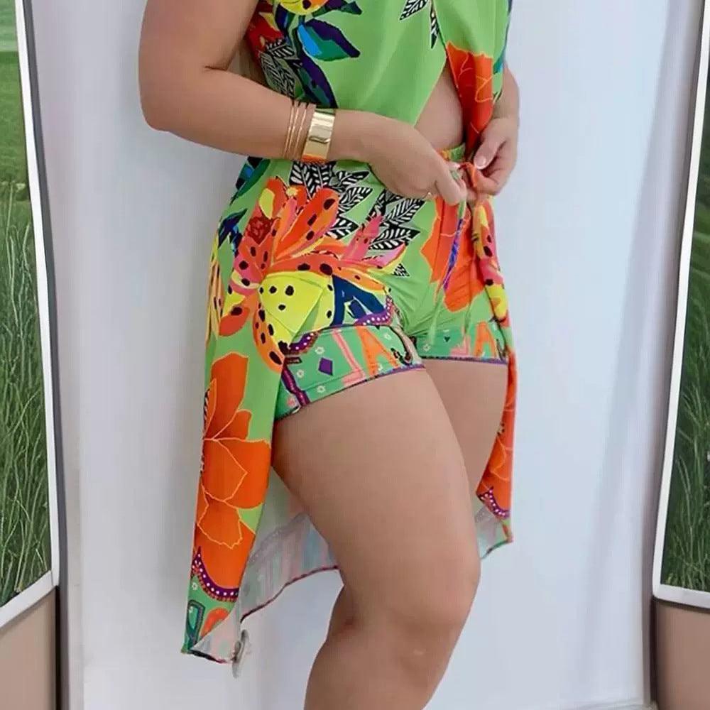 Holiday Floral Print Sexy Halter Front Slit Suspender Top Shorts Suit Non-positioning - NawdeX