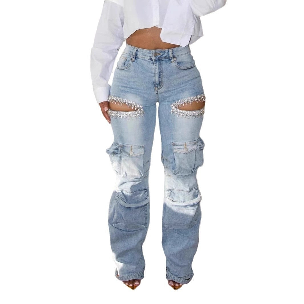 Hollow-out Diamond Stretch Jeans - NawdeX