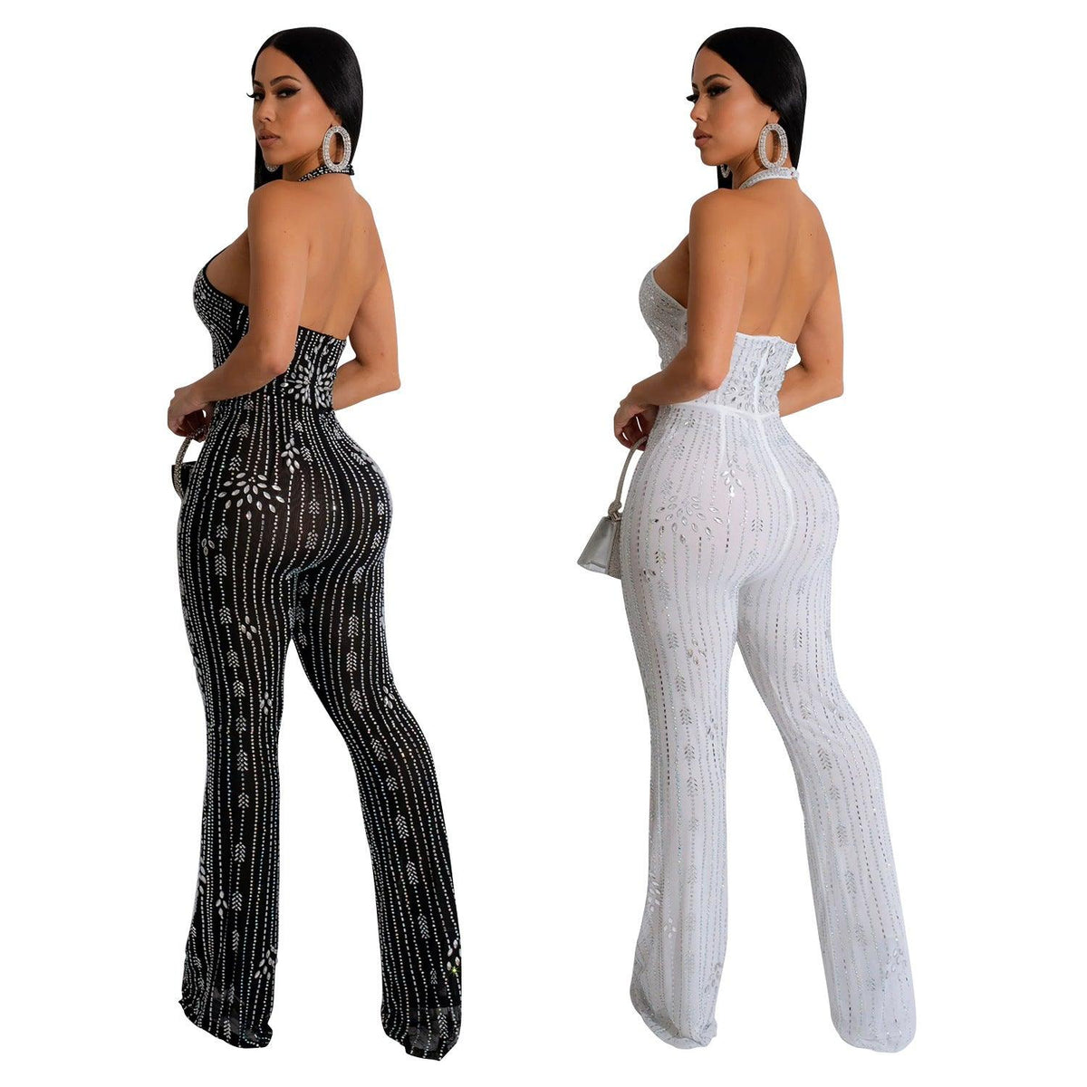 Wear Solid Color Rhinestone Sleeveless Halter Trousers Jumpsuit - NawdeX