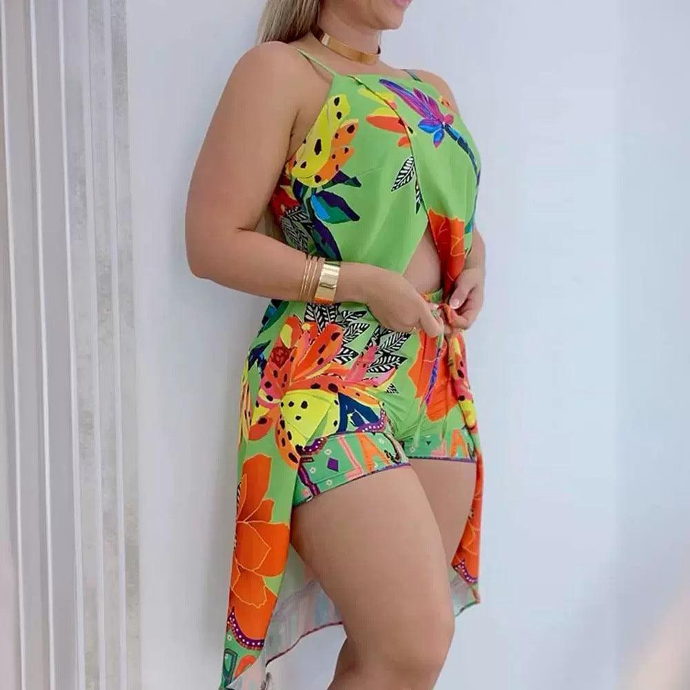 Holiday Floral Print Sexy Halter Front Slit Suspender Top Shorts Suit Non-positioning - NawdeX