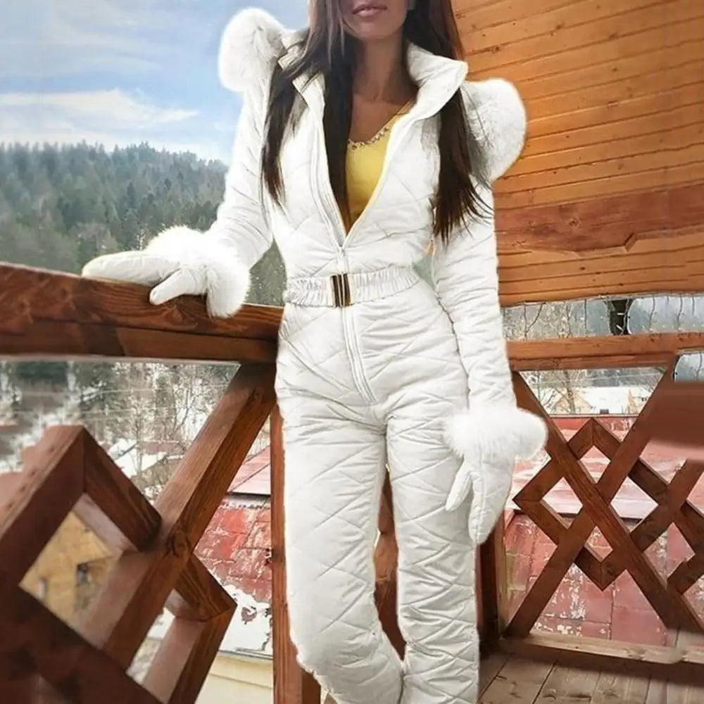 Skiing Zipper Hooded Women Faux Fur Collar Fleece Jumpsuit - NawdeX
