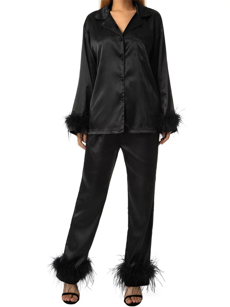 Elegant Feather Trim Pjs - NawdeX