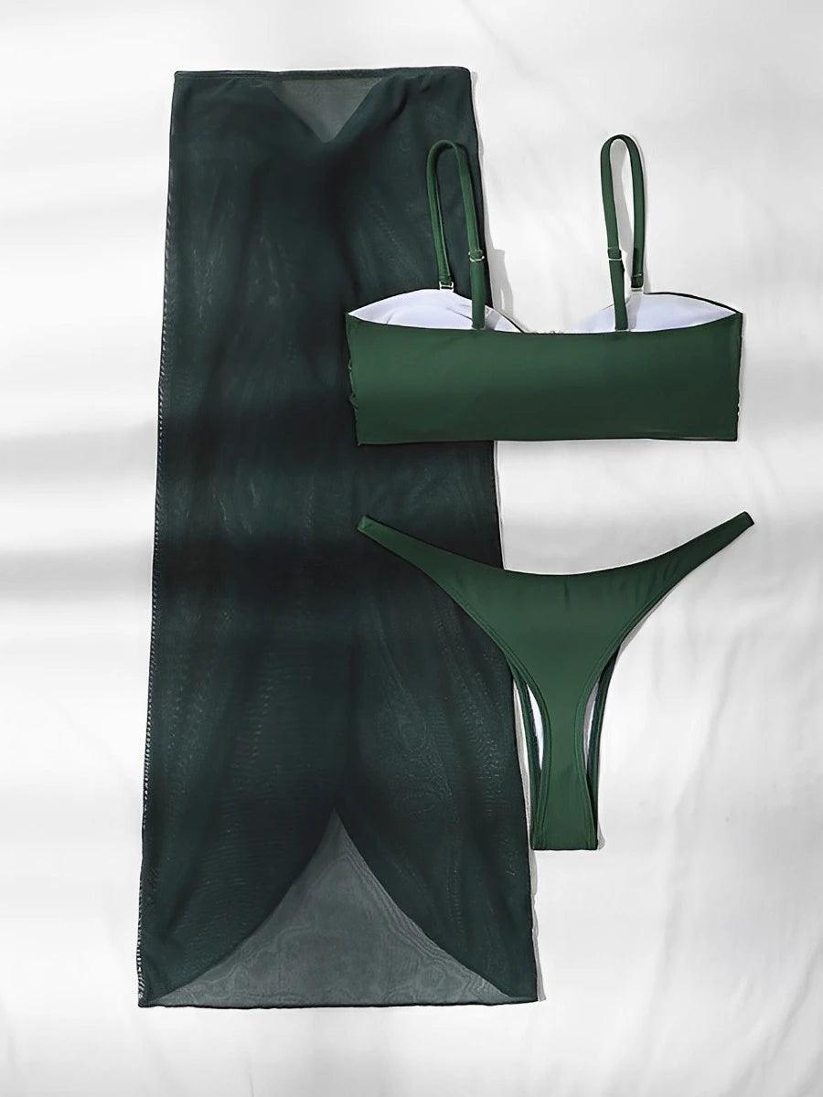 Mermaid 3 Pieces Solid Bikini With Beach Skirt - NawdeX
