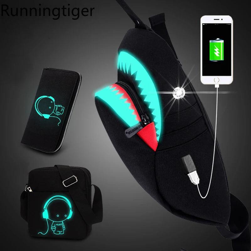 Men Anti Theft USB Rechargeable Luminous Shark Crossbody Bag - NawdeX