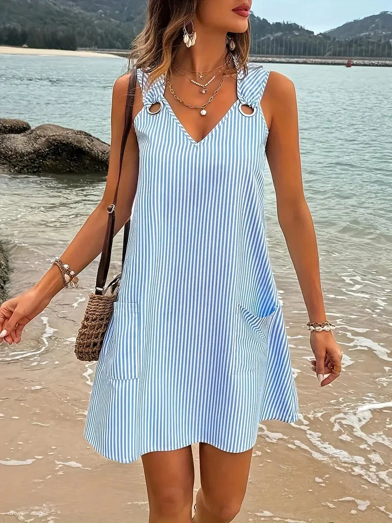 Blue and White Striped sleeveless V- Neck dress