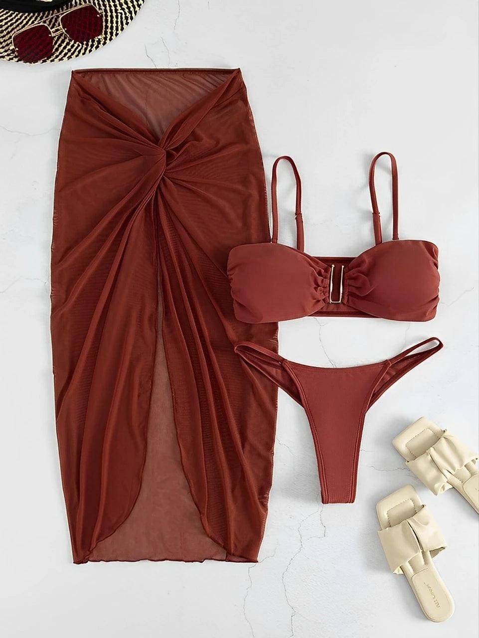 Mermaid 3 Pieces Solid Bikini With Beach Skirt - NawdeX
