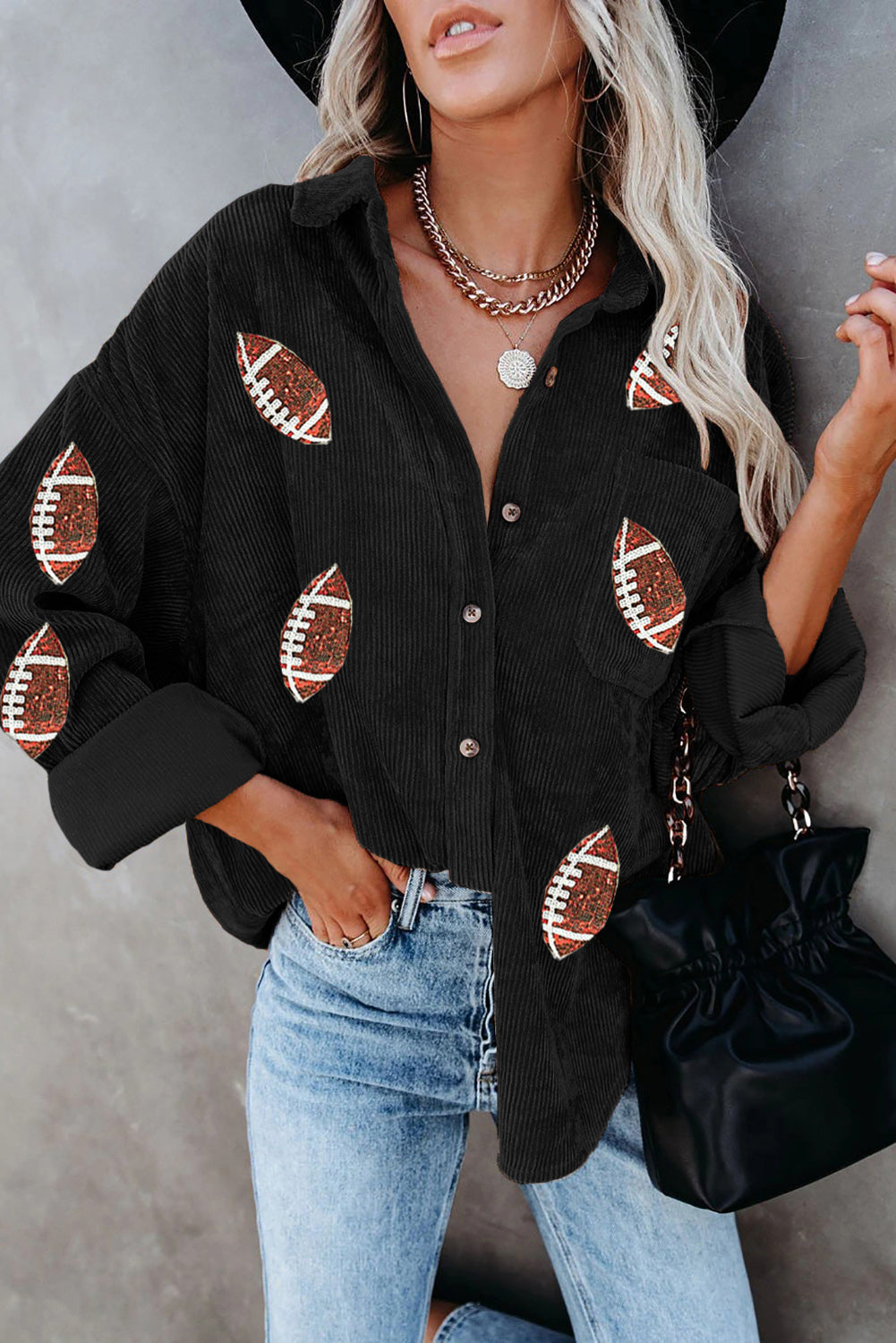 Sequin Football Button Up Long Sleeve Jacket - NawdeX