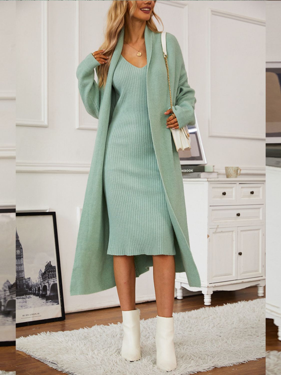 V-Neck Cami Dress and Open Front Cardigan Sweater Set - NawdeX