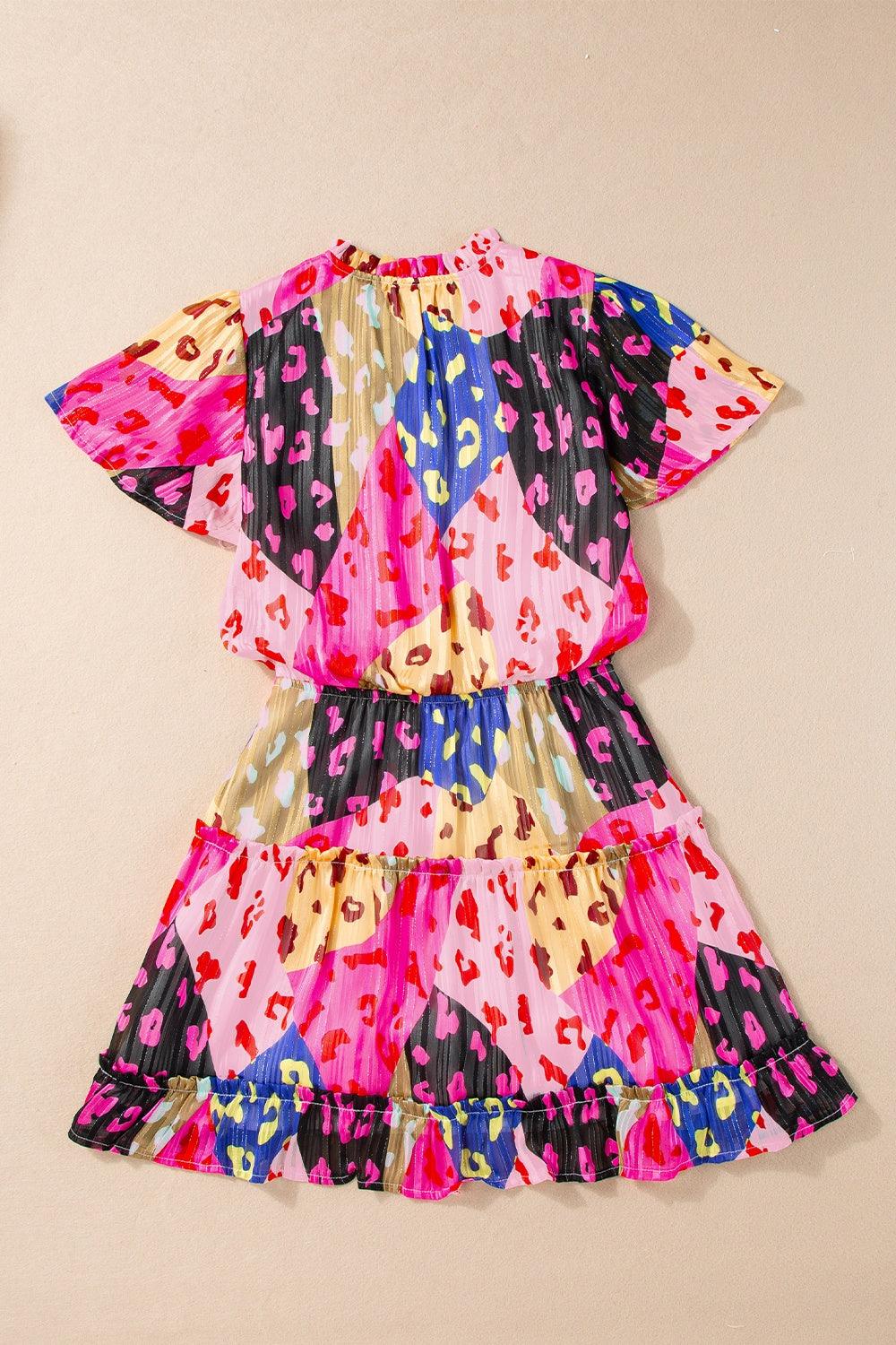 Printed Tie Neck Short Sleeve Mini Dress - NawdeX