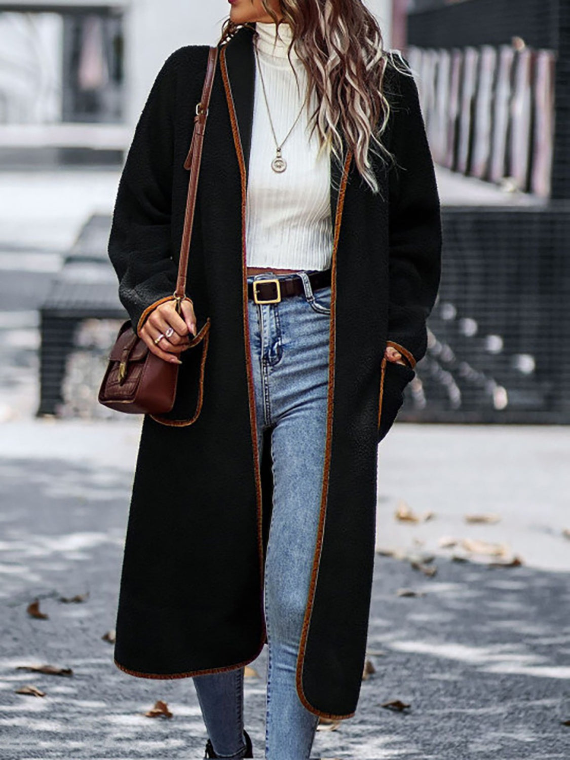Full Size Contrast Trim Long Sleeve Coat with Pockets - NawdeX