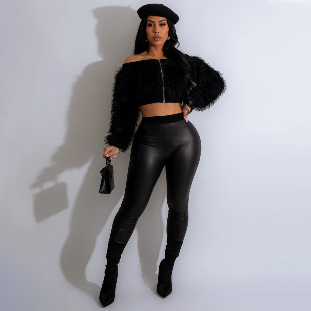 Furry Crop Top Slim Trousers Set - NawdeX