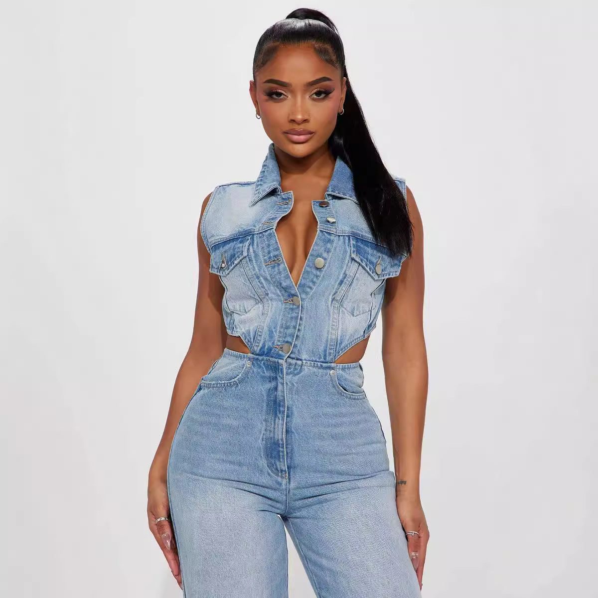 Slim Waist Wash Denim Jumpsuit
