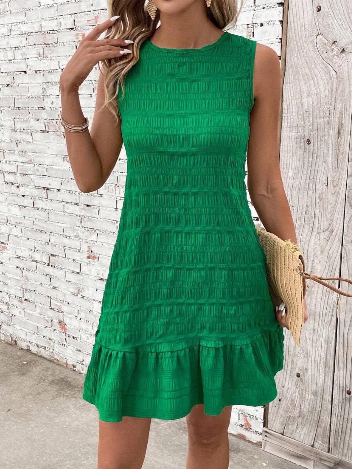 Textured Tied Round Neck Sleeveless Dress - NawdeX