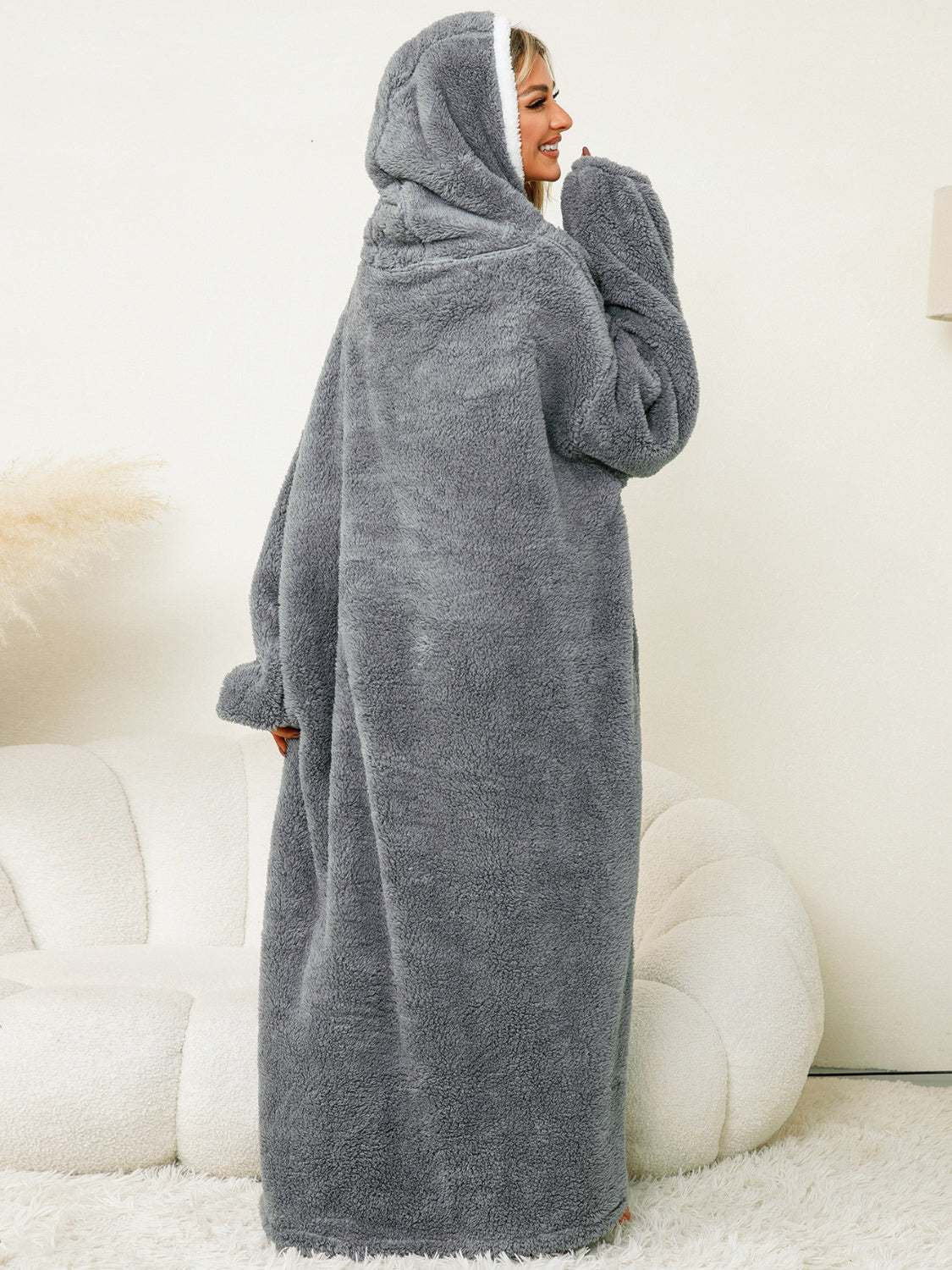 Pocketed Contrast Long Sleeve Hooded Lounge Dress - NawdeX