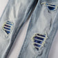 Light Blue Broken Hole Colorful Gradient Patch Slim Stretch Jeans - NawdeX