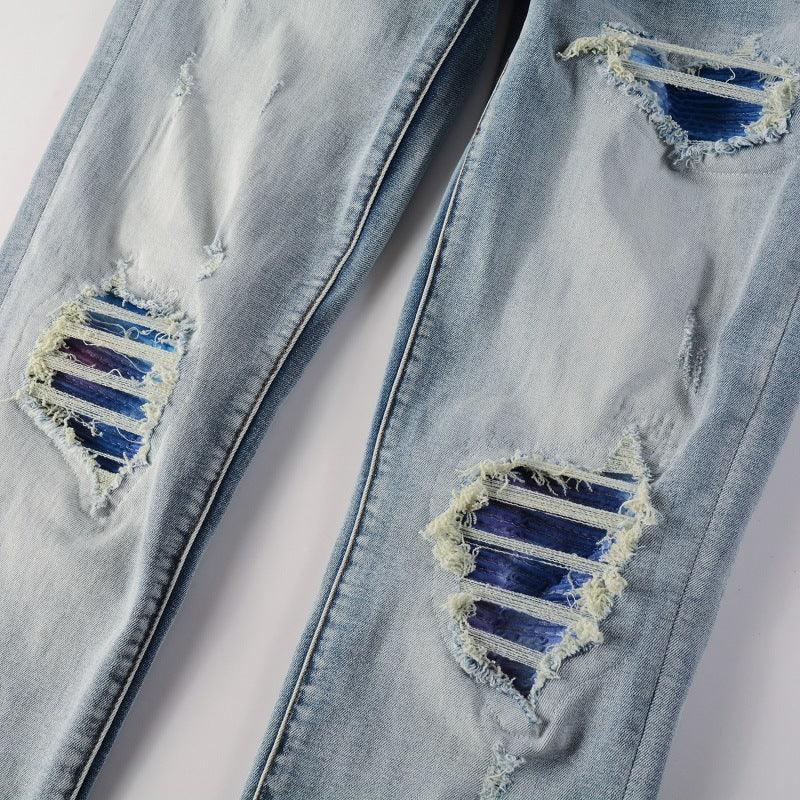 Light Blue Broken Hole Colorful Gradient Patch Slim Stretch Jeans - NawdeX