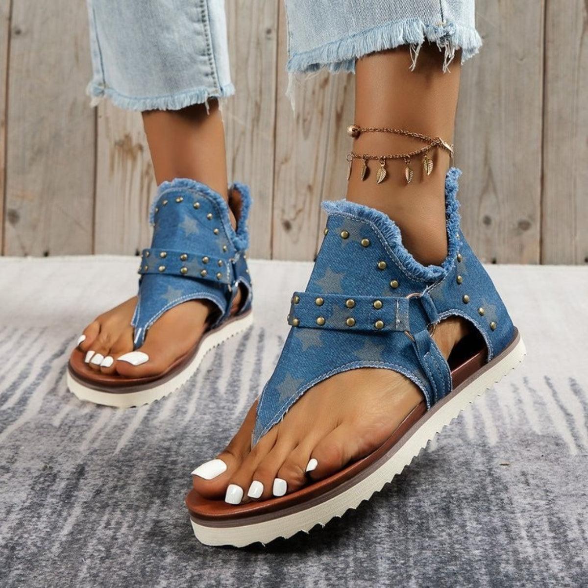 Studded Raw Hem Flat Sandals - NawdeX