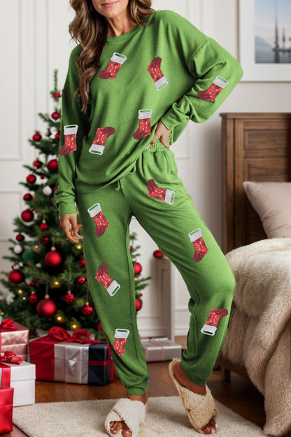 Sequin Socks Round Neck Long Sleeve Top and Pants Lounge Set - NawdeX