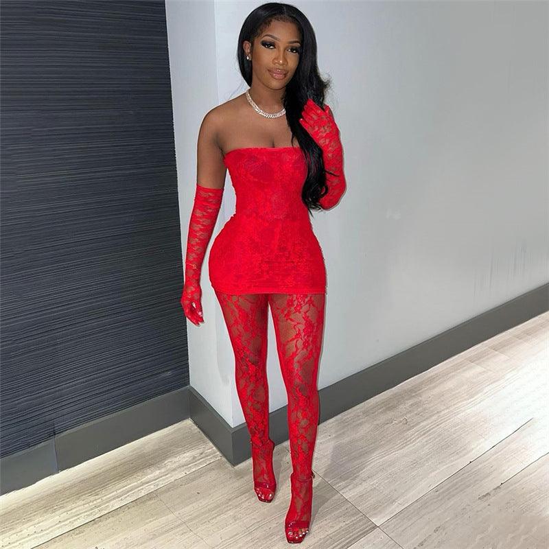 Women's Fashion Lace Tube Top High Waist Tight Body Stocking Long Pants Suit - NawdeX