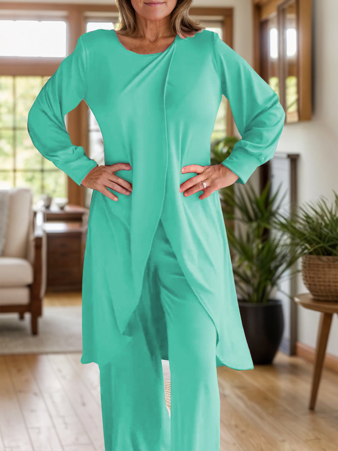 Full Size Slit Round Neck Long Sleeve Top and Pants Set - NawdeX