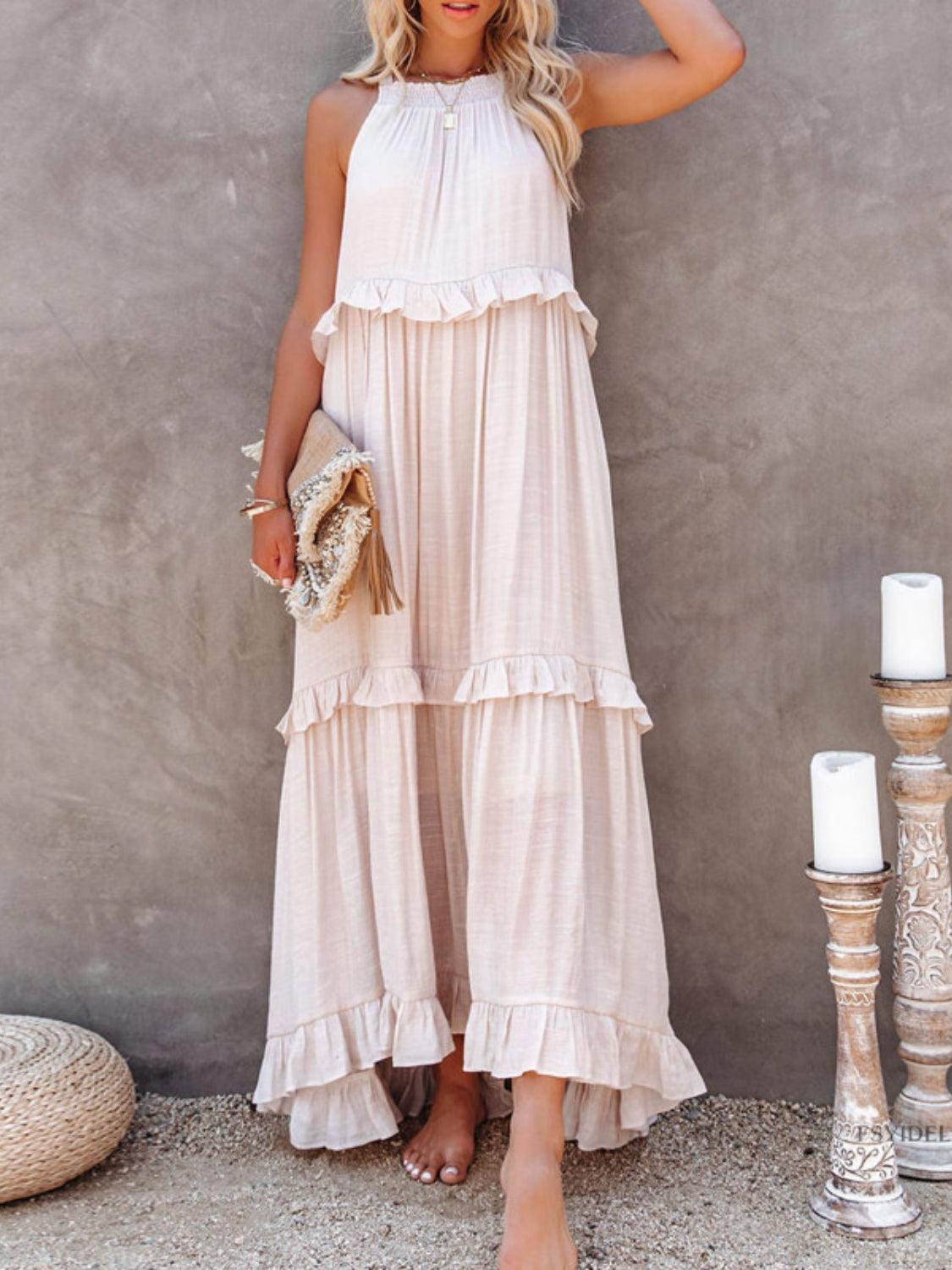 Ruffled Sleeveless Maxi Dress with Pockets - NawdeX