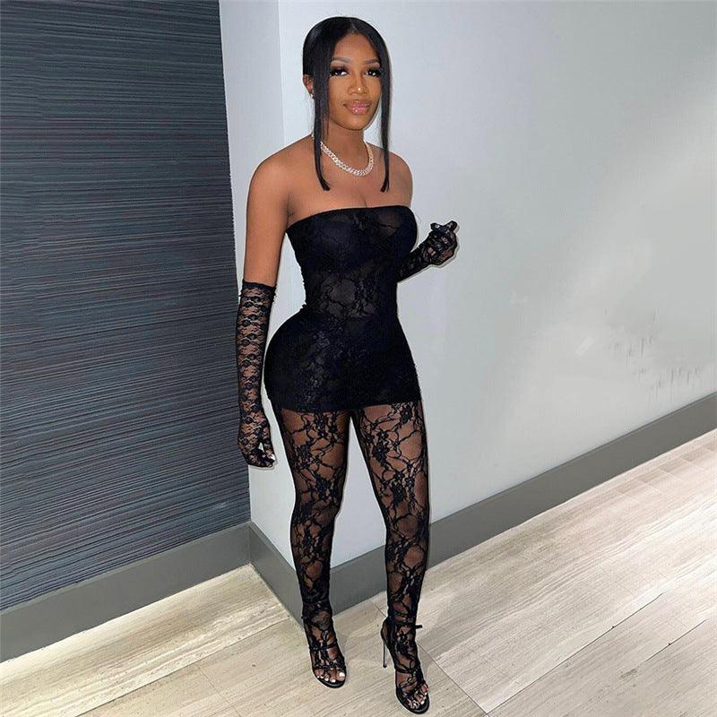 Women's Fashion Lace Tube Top High Waist Tight Body Stocking Long Pants Suit - NawdeX