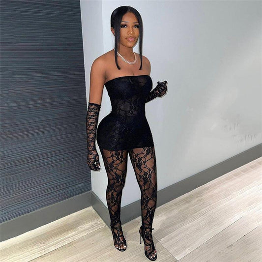 Women's Fashion Lace Tube Top High Waist Tight Body Stocking Long Pants Suit - NawdeX