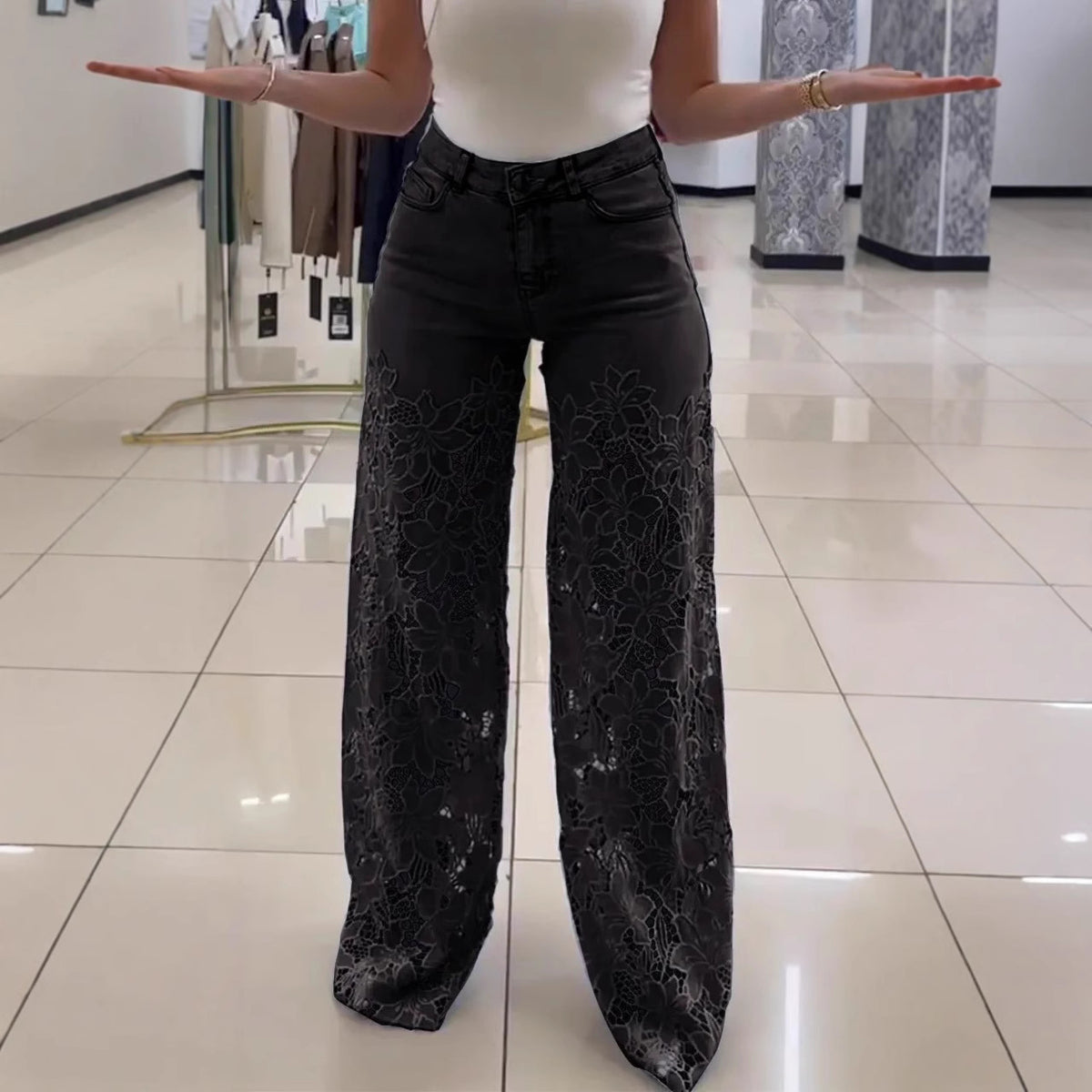 Lace Flowers Hollow Jeans