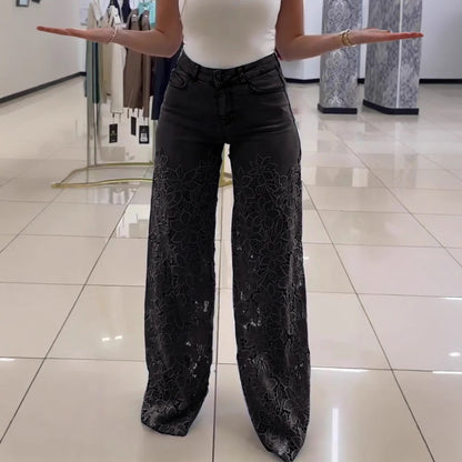 Lace Flowers Hollow Jeans