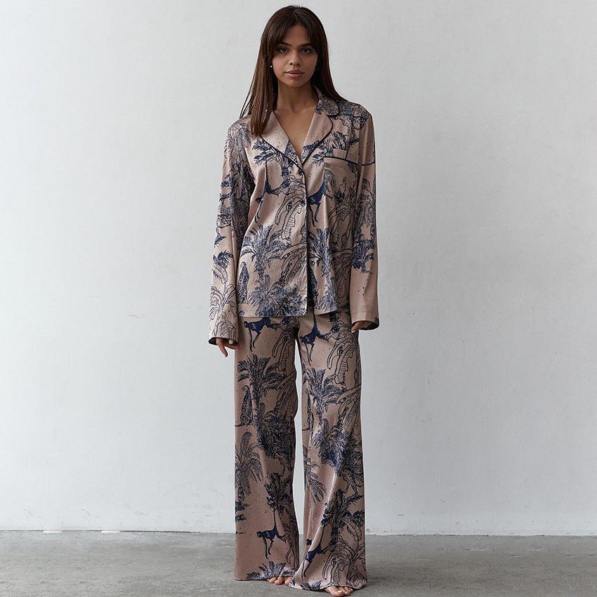 Women's Fashion Satin Printed Cardigan Pajamas Two-piece Set - NawdeX