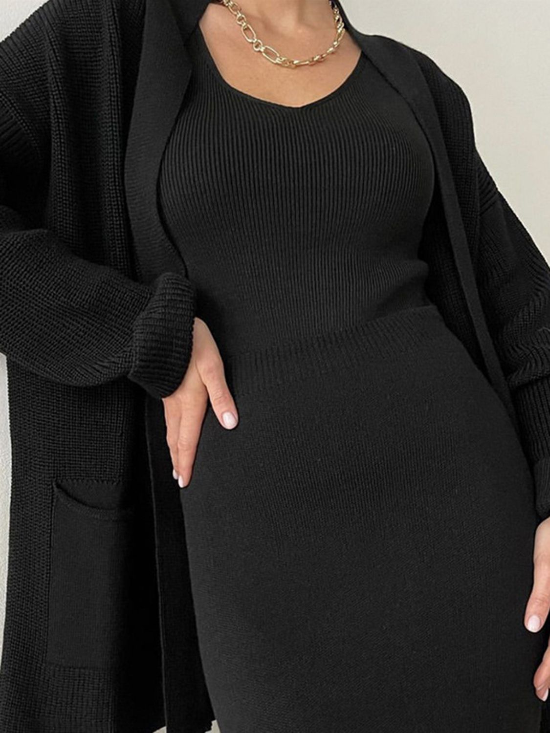 Pocketed Long Sleeve Cardigan and Skirt Sweater Set - NawdeX