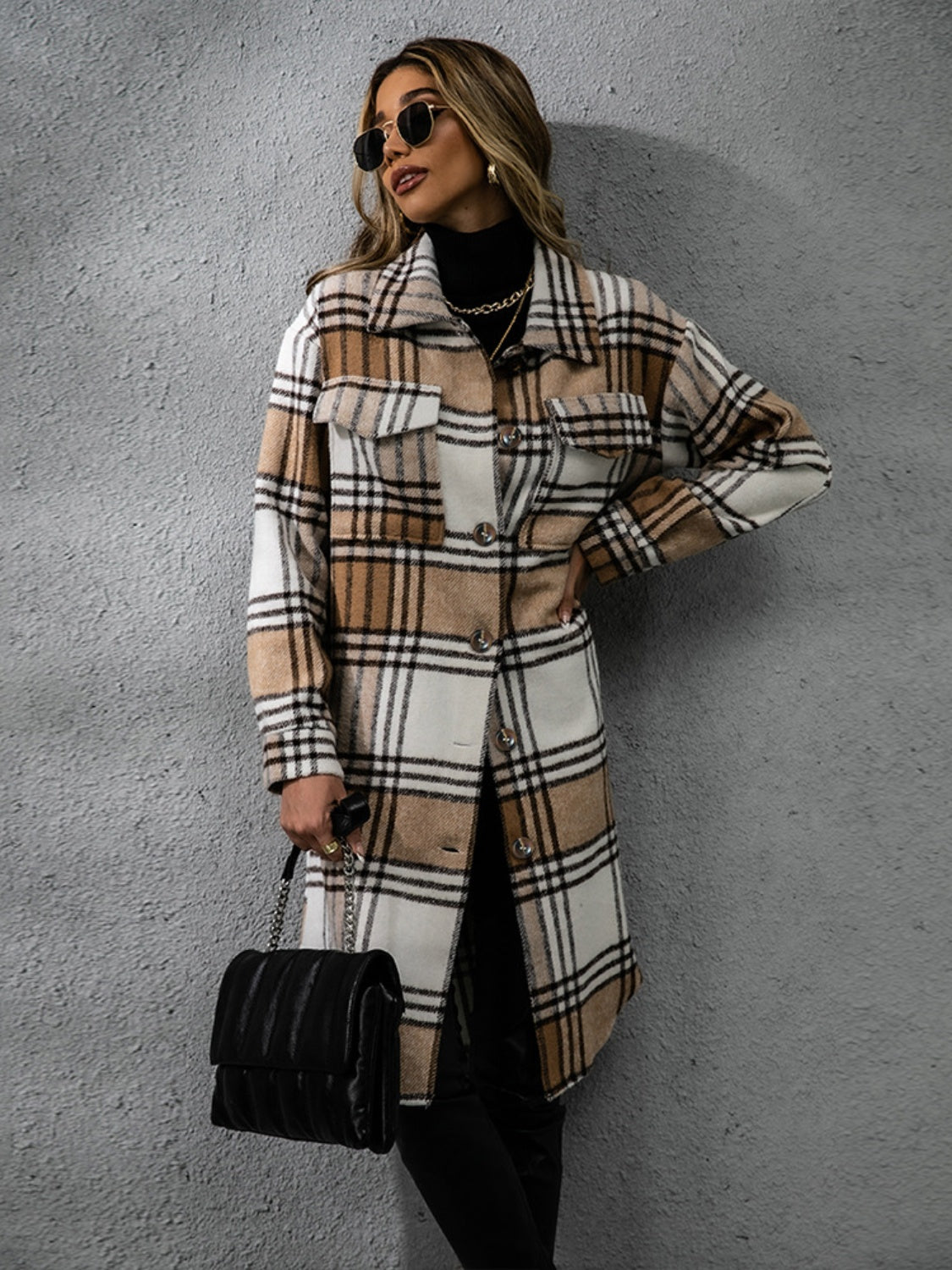 Plaid Collared Neck Long Sleeve Coat - NawdeX