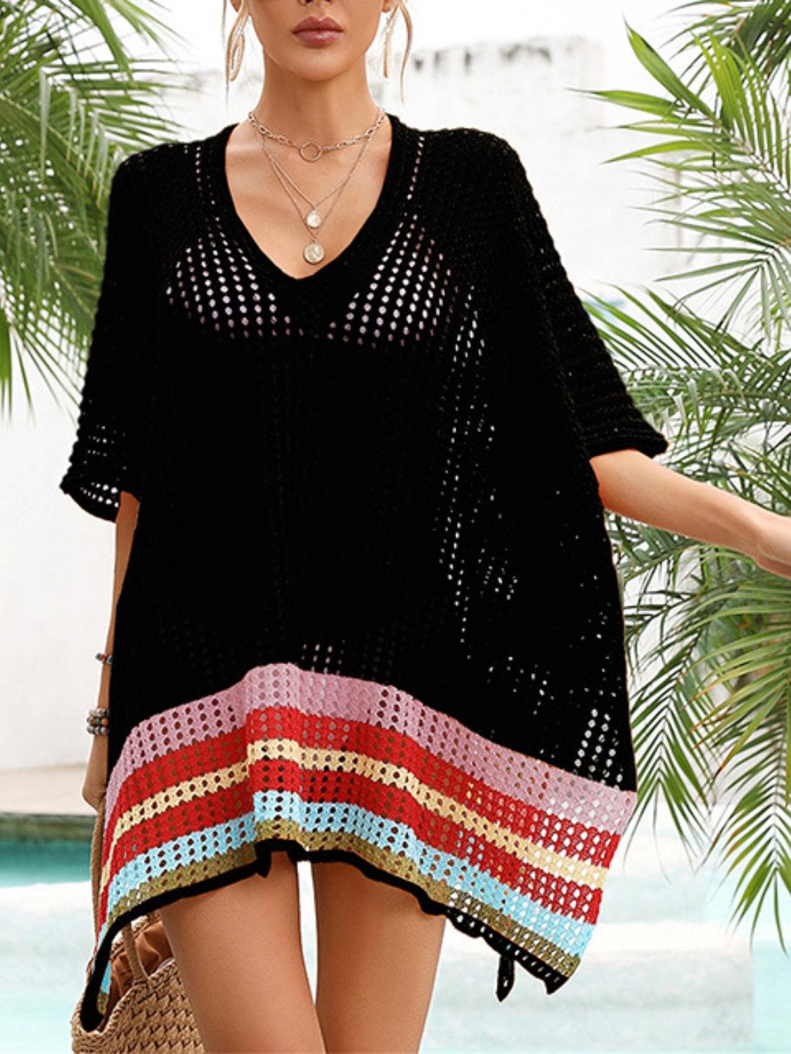 Slit Openwork V-Neck Half Sleeve Cover-Up - NawdeX